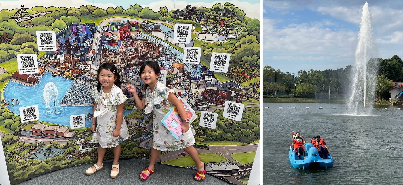 2 girls posing next to singapore discovery centre map, and another picture of a family on a boat at the centre's pond with fountain in background