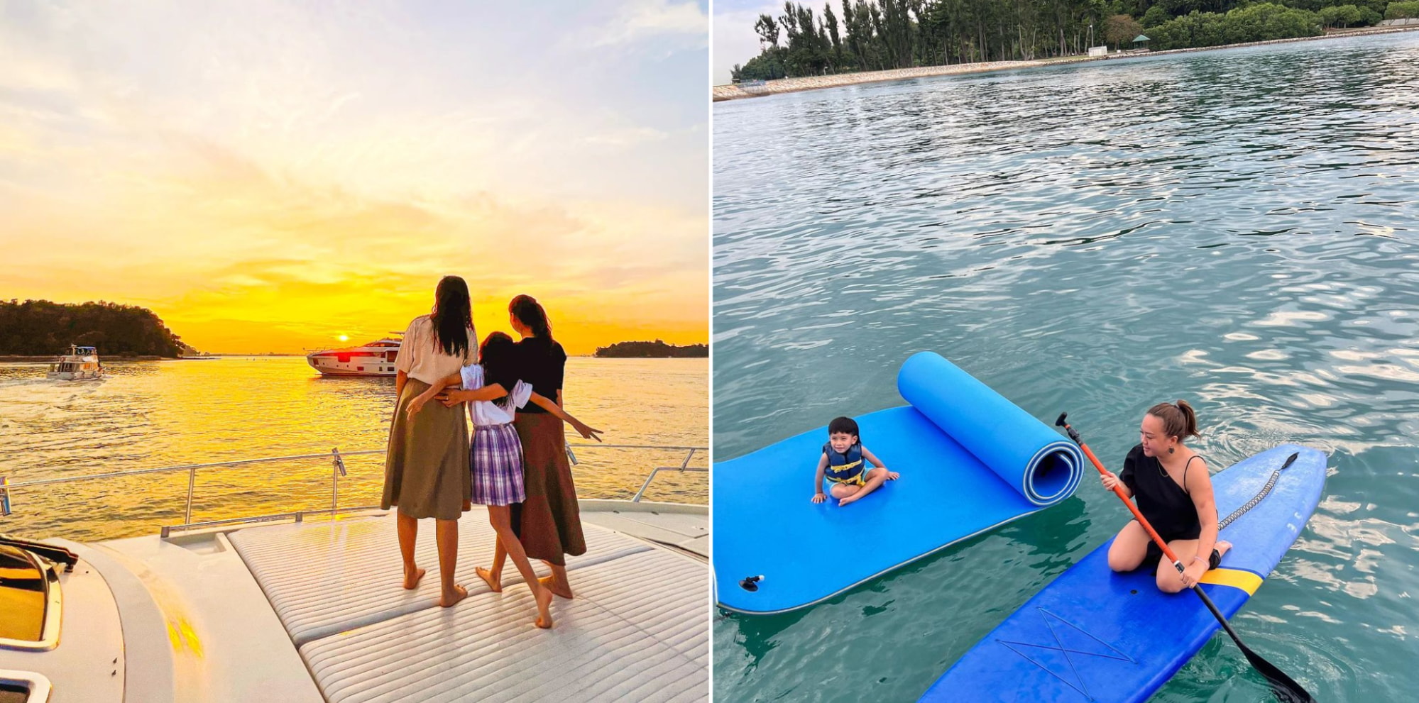 2 women and a girl on a yacht, a child on a floating mat, and a woman on an SUP paddling board at lazarus island