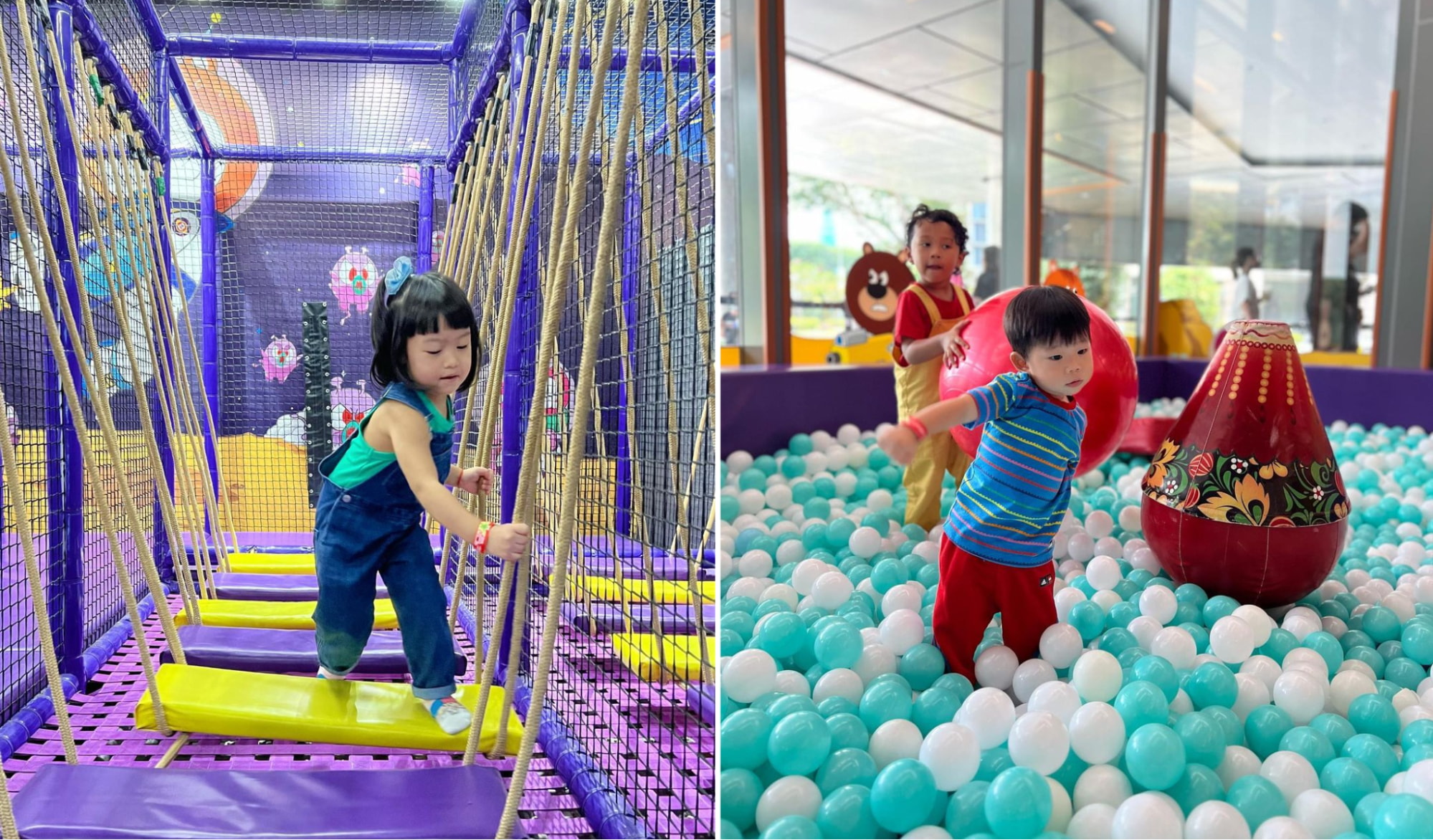 a balancing activity zone and a ball pit for kids at kidztopia singapore