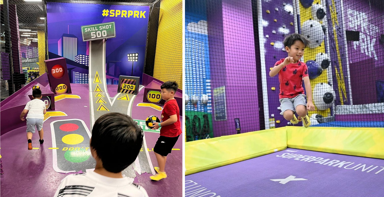a ball throwing activity space and a trampoline for kids at superpark singapore