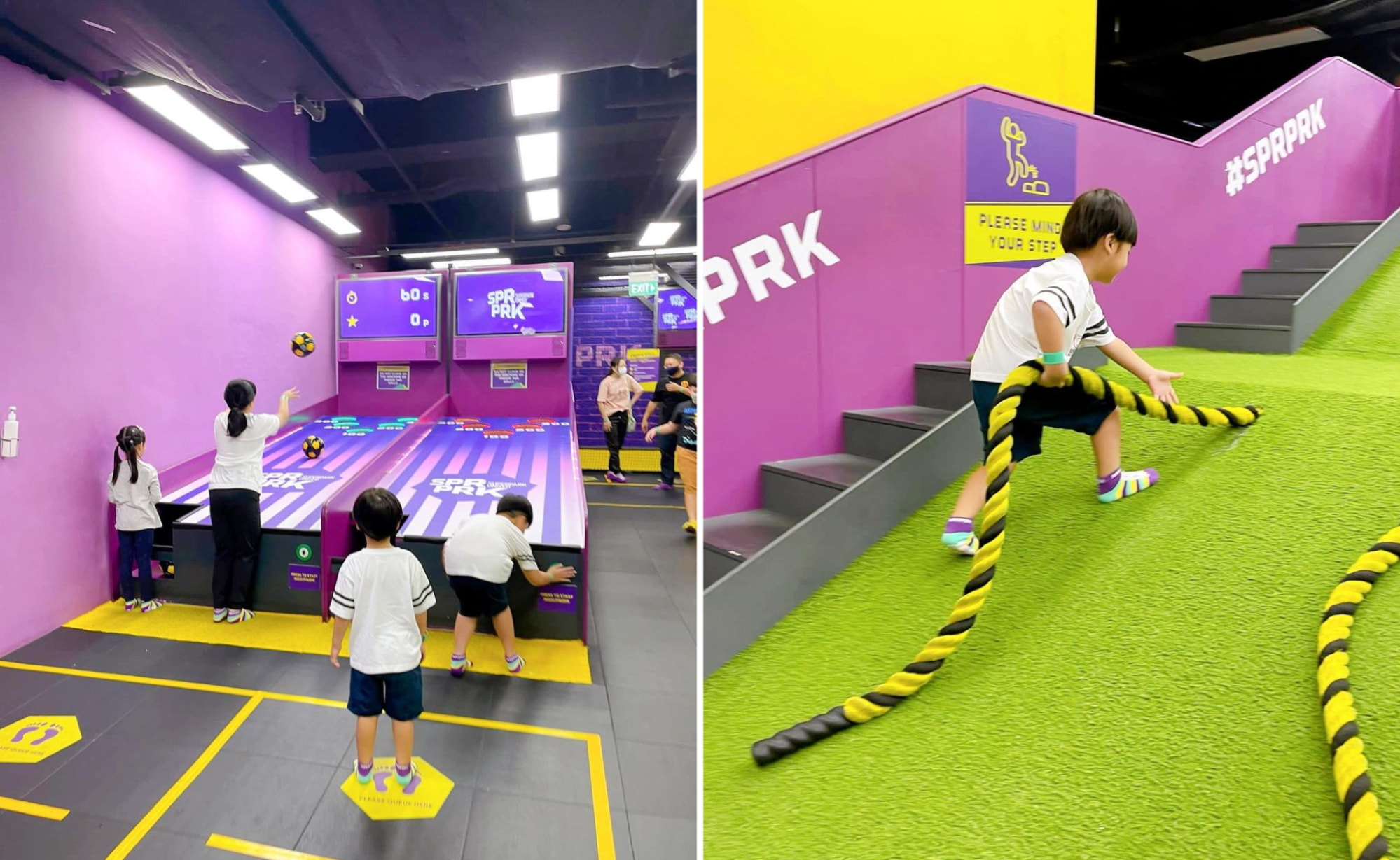 a basketball throwing game and a slope with a rope to pull oneself upward at superpark singapore