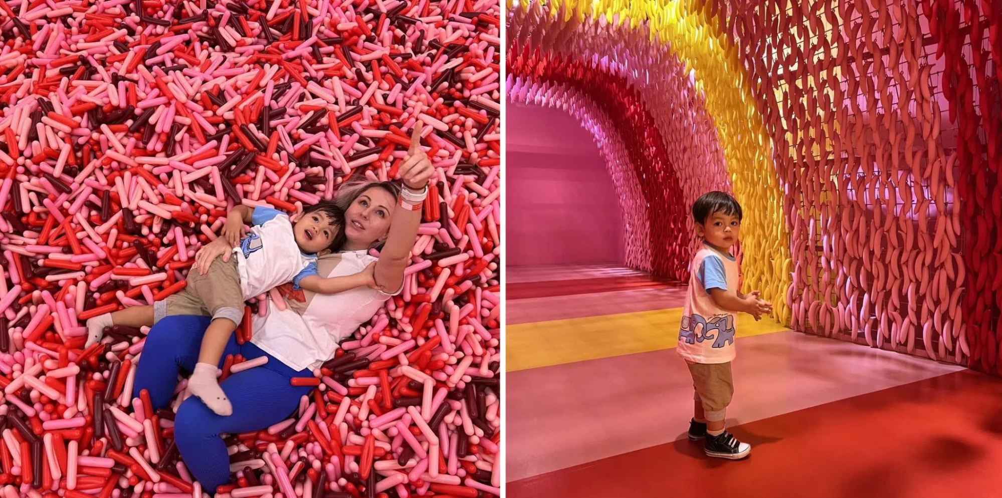 a parent and child in the sprinkles pit in the Museum of Ice Cream Singapore and child in a pink and yellow tunnel in the same museum