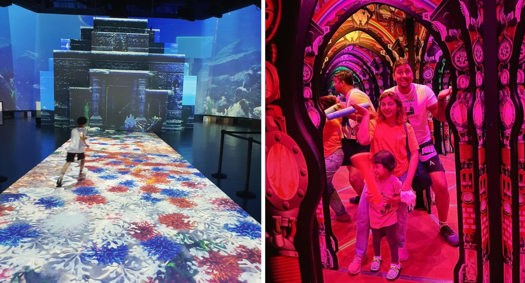 a room with colourful moving light projections and a kid running, and a mirror maze with red lighting and a family of 2 parents and a child posing at singapore science centre