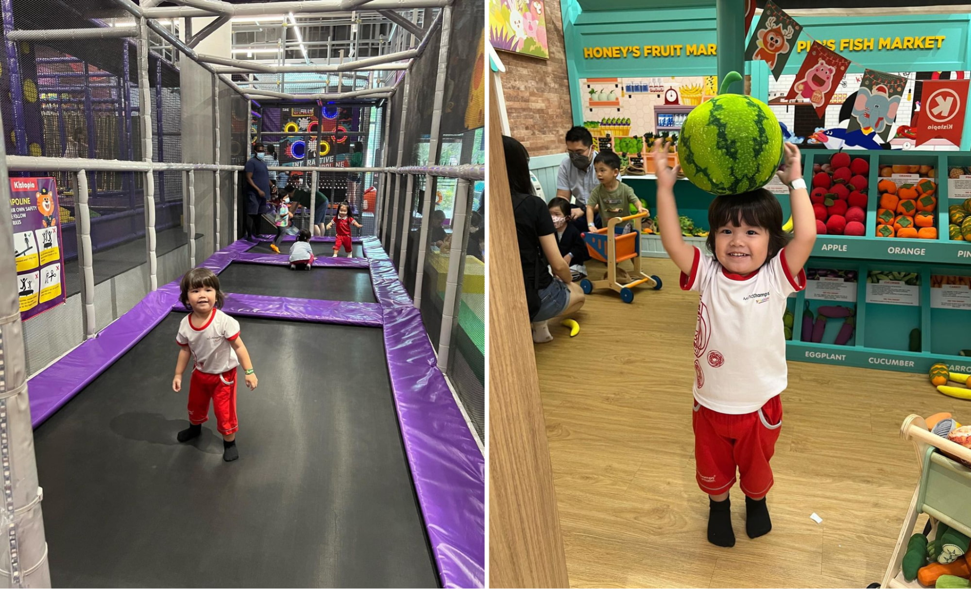 a trampoline and a replica of a fruit stall for kids at kidztopia singapore