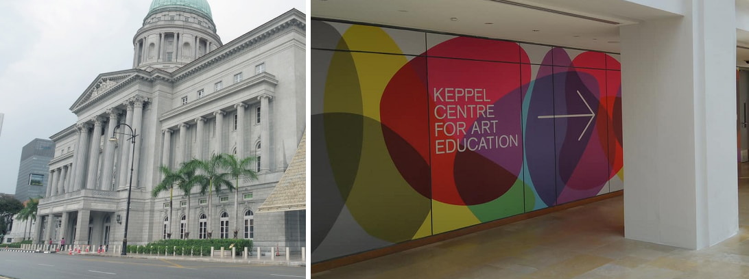 exterior of the National Gallery Singapore and a sign marking the location of the Keppel Centre For Art Education inside