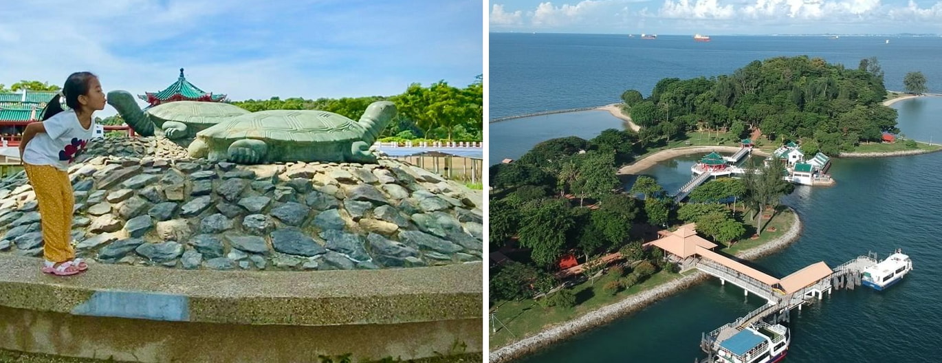 girl pretending to kiss a tortoise sculpture at kusu island and an aerial view of the island and its jetty